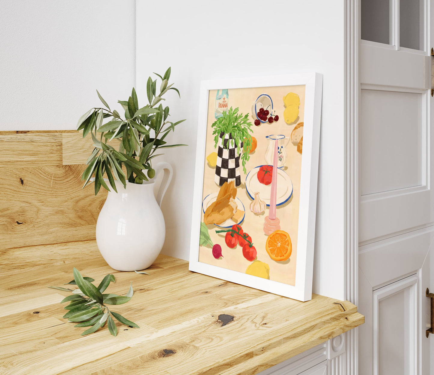 Vintage-style art print with Mediterranean ingredients on a soft beige tabletop.

