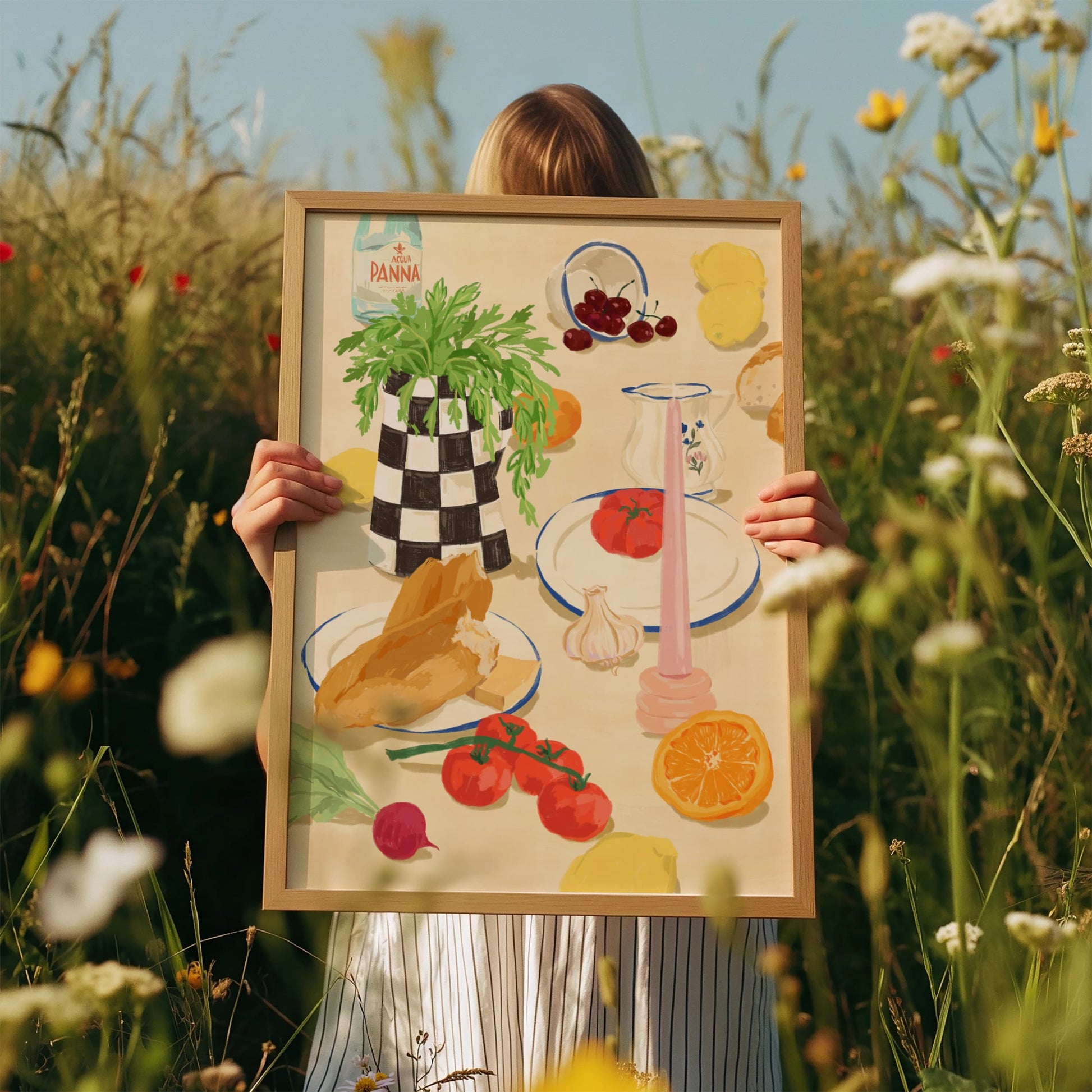Vintage-style art print with Mediterranean ingredients on a soft beige tabletop.

