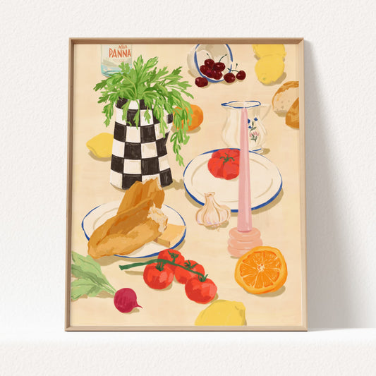 Vintage-style art print with Mediterranean ingredients on a soft beige tabletop.

