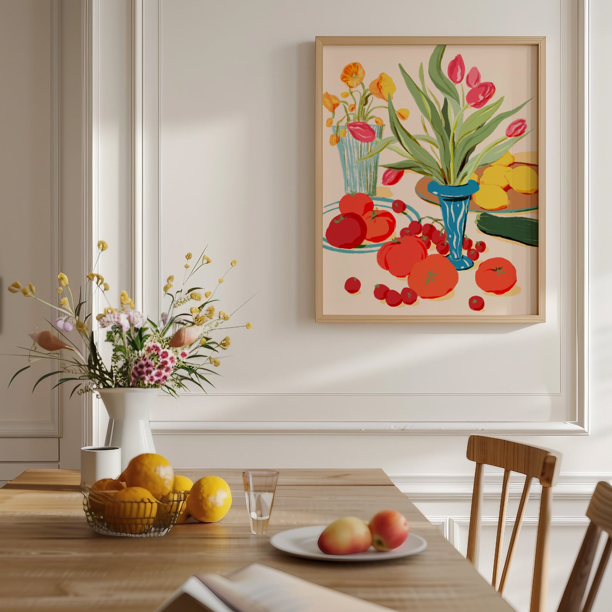 Still life artwork with tulips, yellow flowers in vases, tomatoes, zucchini, and lemons on a table.