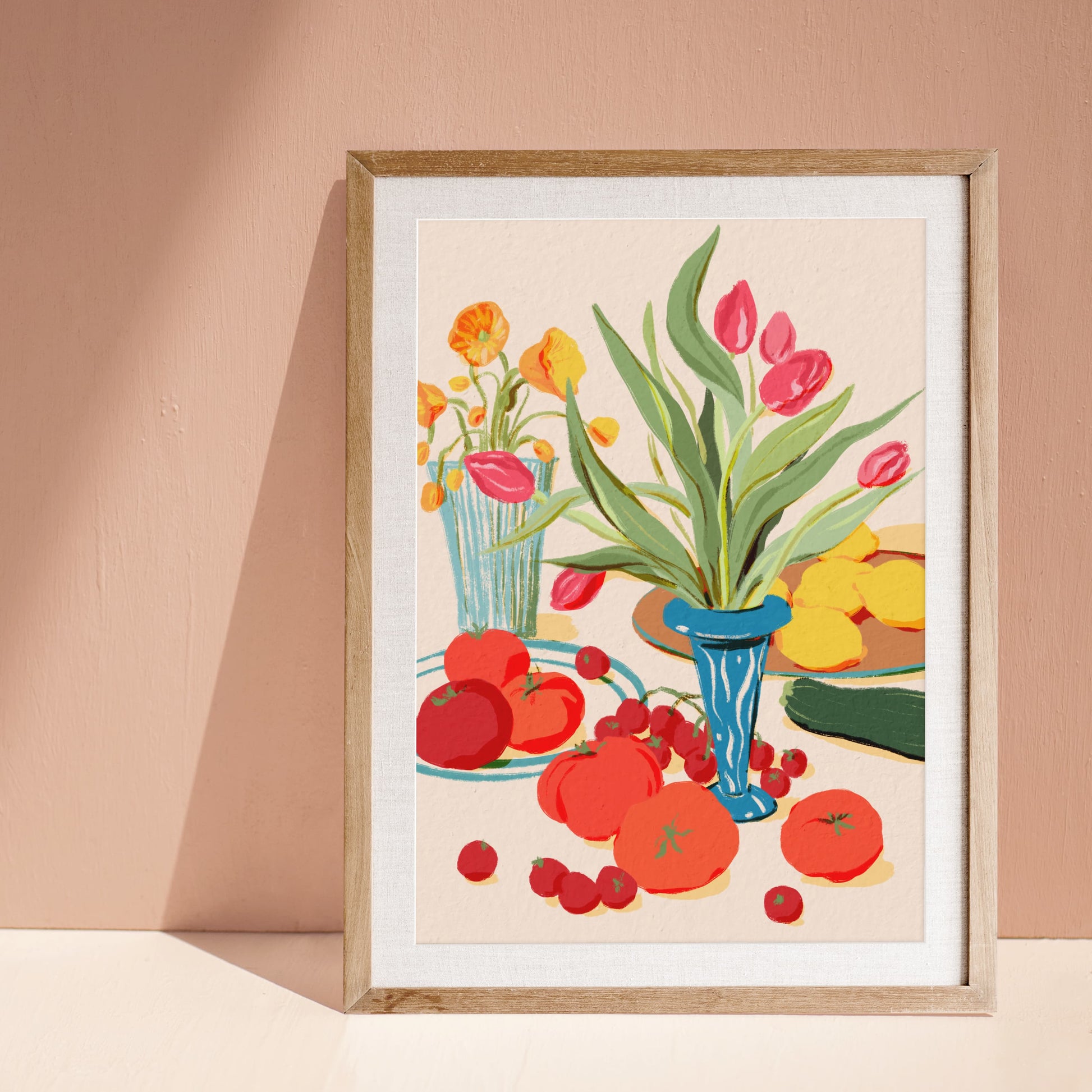 Still life artwork with tulips, yellow flowers in vases, tomatoes, zucchini, and lemons on a table.

