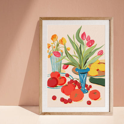 Still life artwork with tulips, yellow flowers in vases, tomatoes, zucchini, and lemons on a table.

