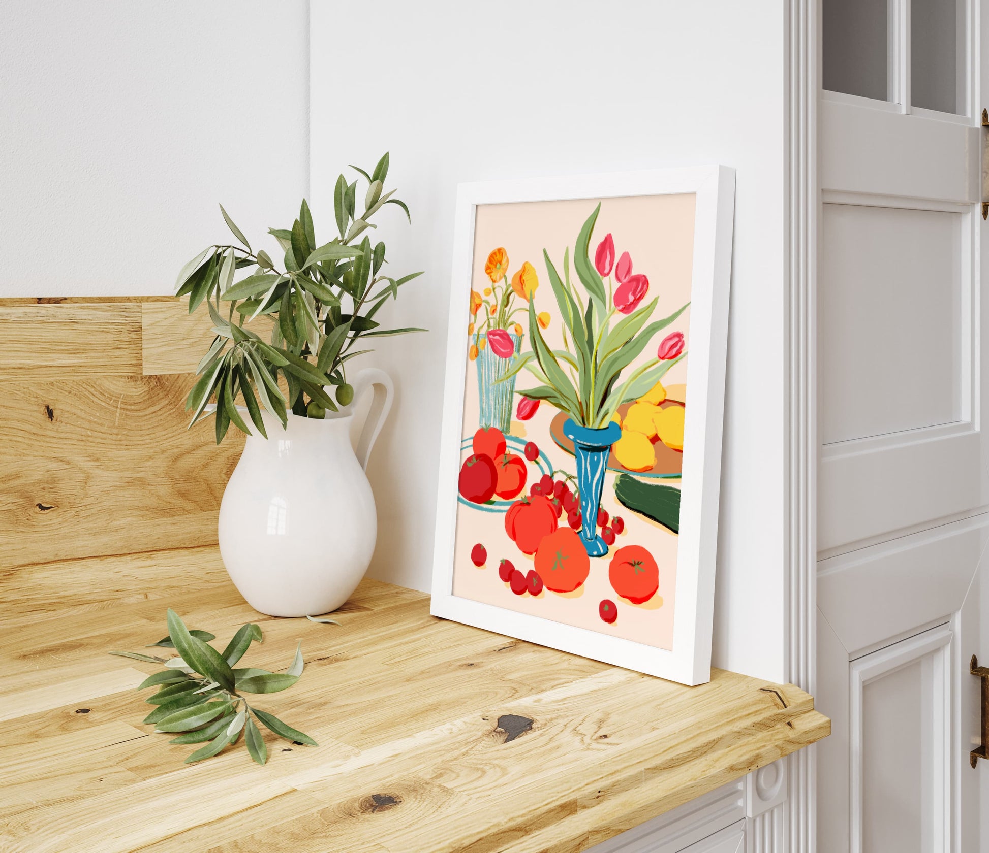 Fresh floral and produce arrangement inspired by a farmer’s market haul.

