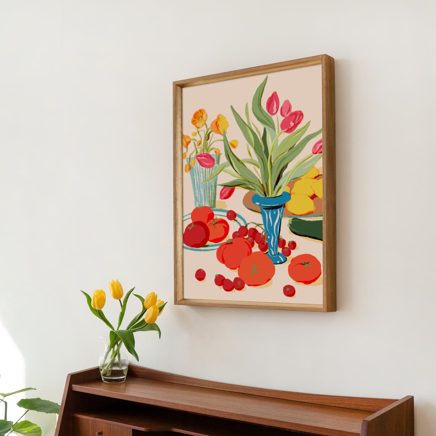 Colorful kitchen still life featuring seasonal vegetables and vibrant spring flowers.