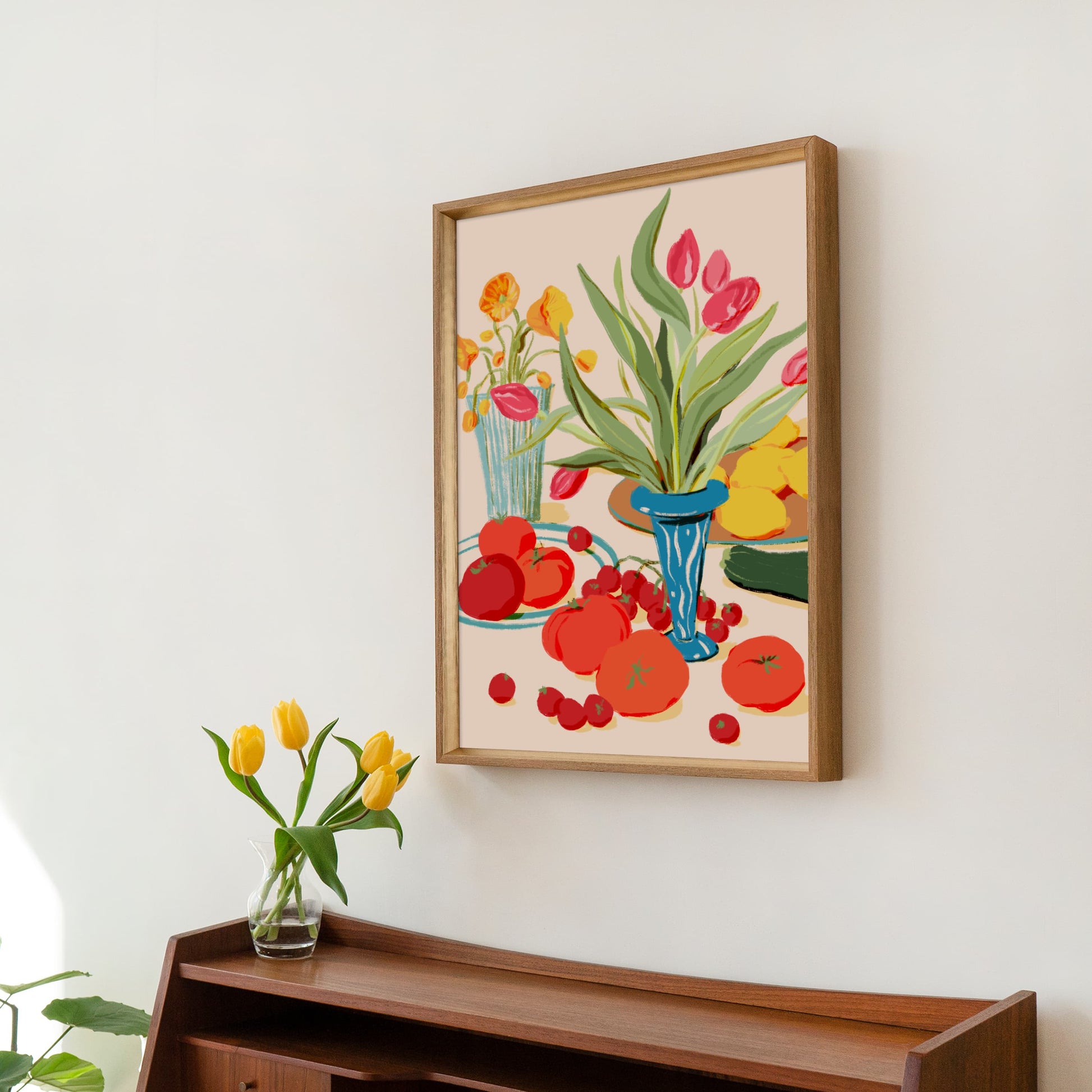 Colorful kitchen still life featuring seasonal vegetables and vibrant spring flowers.
