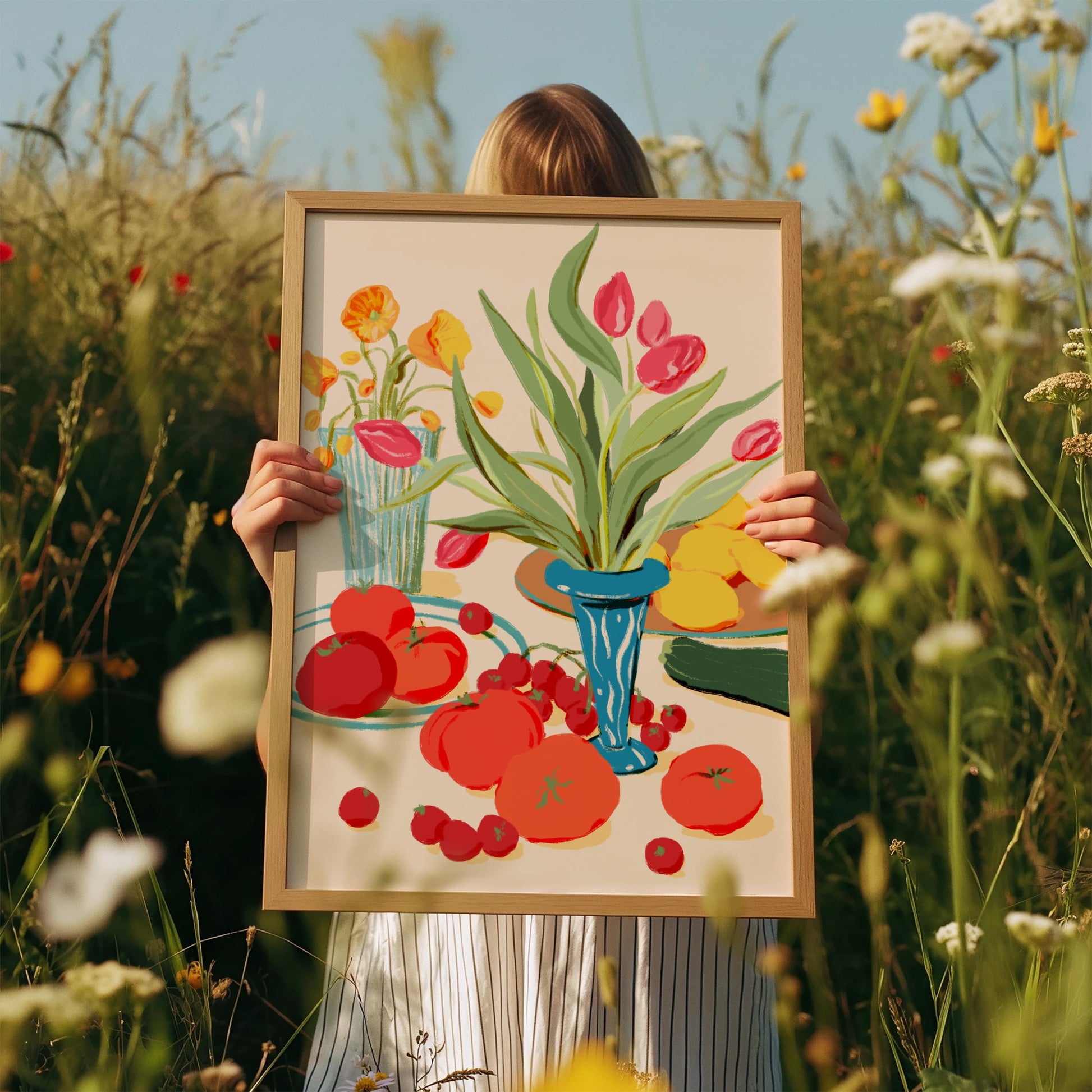 Still life artwork with tulips, yellow flowers in vases, tomatoes, zucchini, and lemons on a table.

