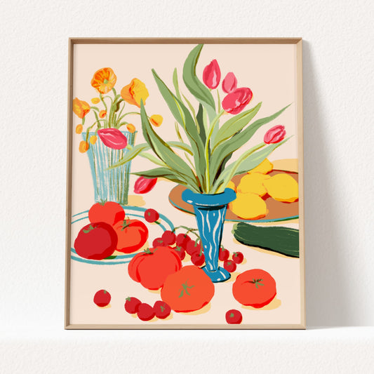 Colorful kitchen still life featuring seasonal vegetables and vibrant spring flowers.