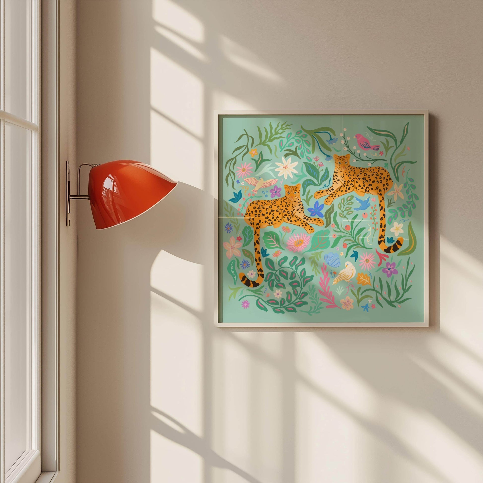 Playful illustration of cheetahs surrounded by colorful flowers, birds, and nature elements – vibrant and fun animal art print for nature-inspired home decor
