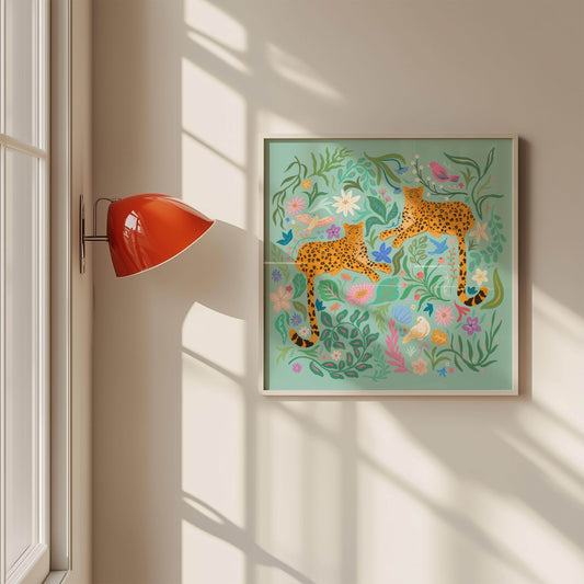 Playful illustration of cheetahs surrounded by colorful flowers, birds, and nature elements – vibrant and fun animal art print for nature-inspired home decor