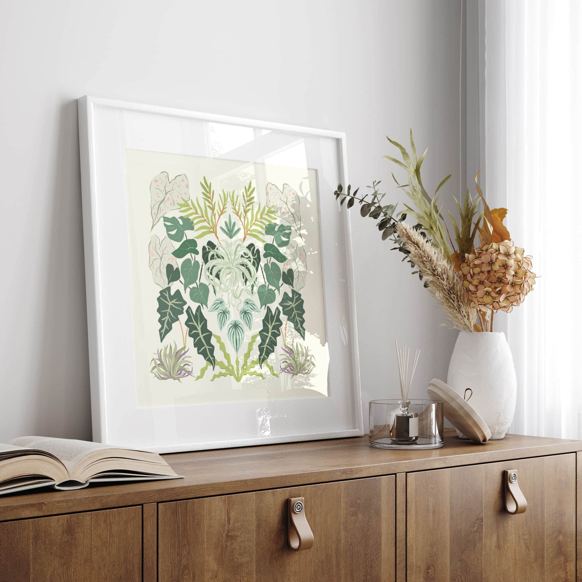 Symmetrical illustration featuring diverse foliage with rich textures and abundant greenery – lush botanical art print for nature-inspired modern home decor
