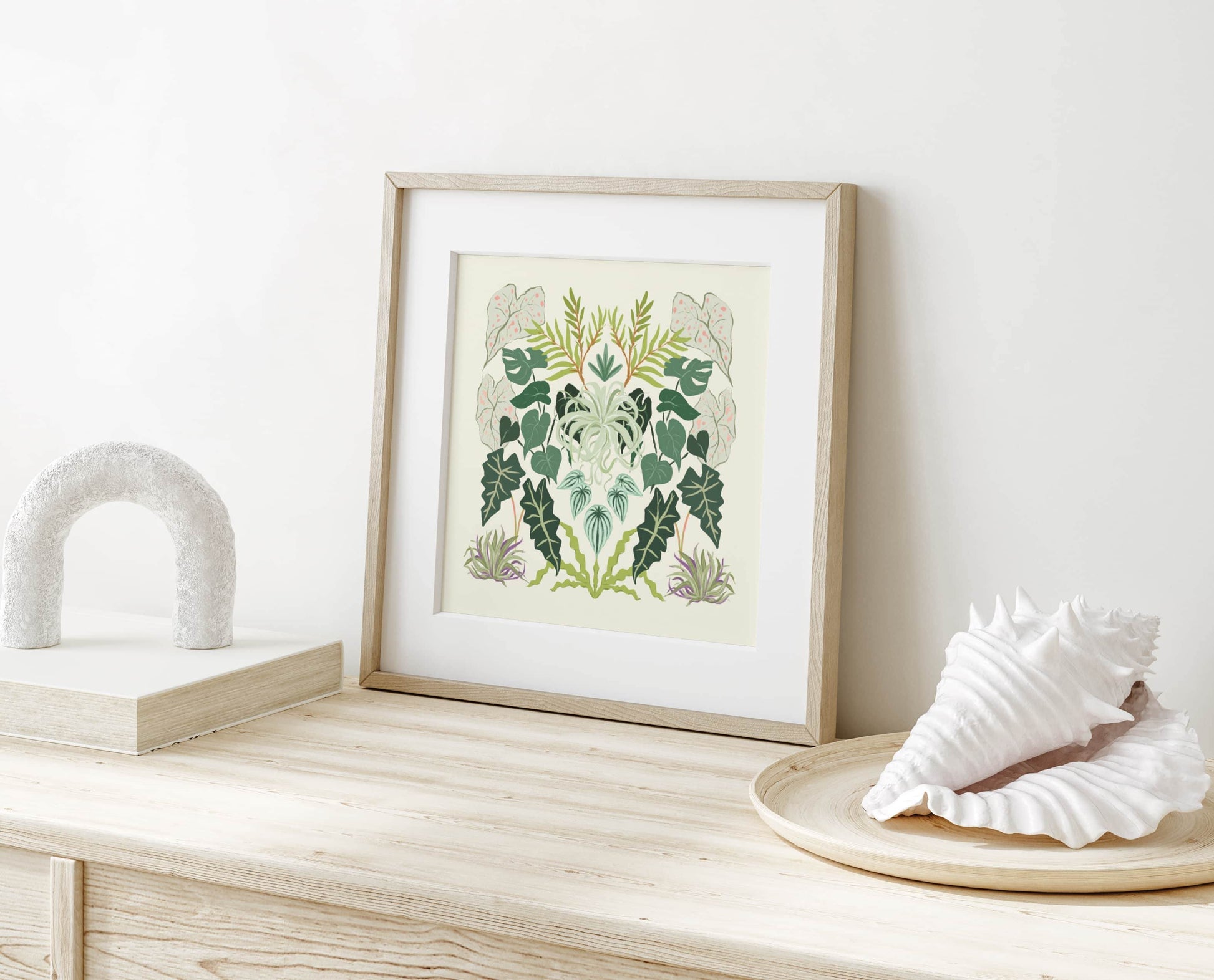 Symmetrical illustration featuring diverse foliage with rich textures and abundant greenery – lush botanical art print for nature-inspired modern home decor