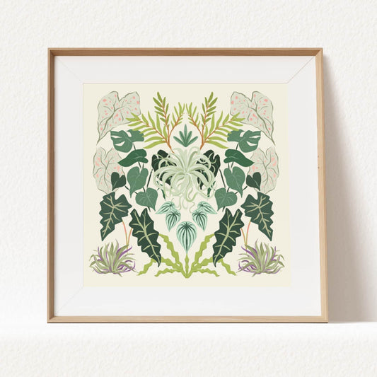 Symmetrical illustration featuring diverse foliage with rich textures and abundant greenery – lush botanical art print for nature-inspired modern home decor