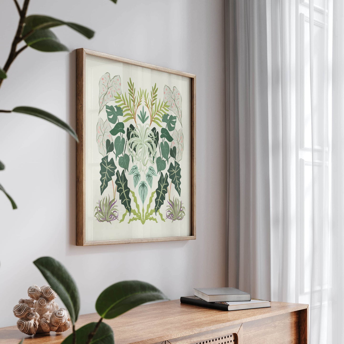 Symmetrical illustration featuring diverse foliage with rich textures and abundant greenery – lush botanical art print for nature-inspired modern home decor