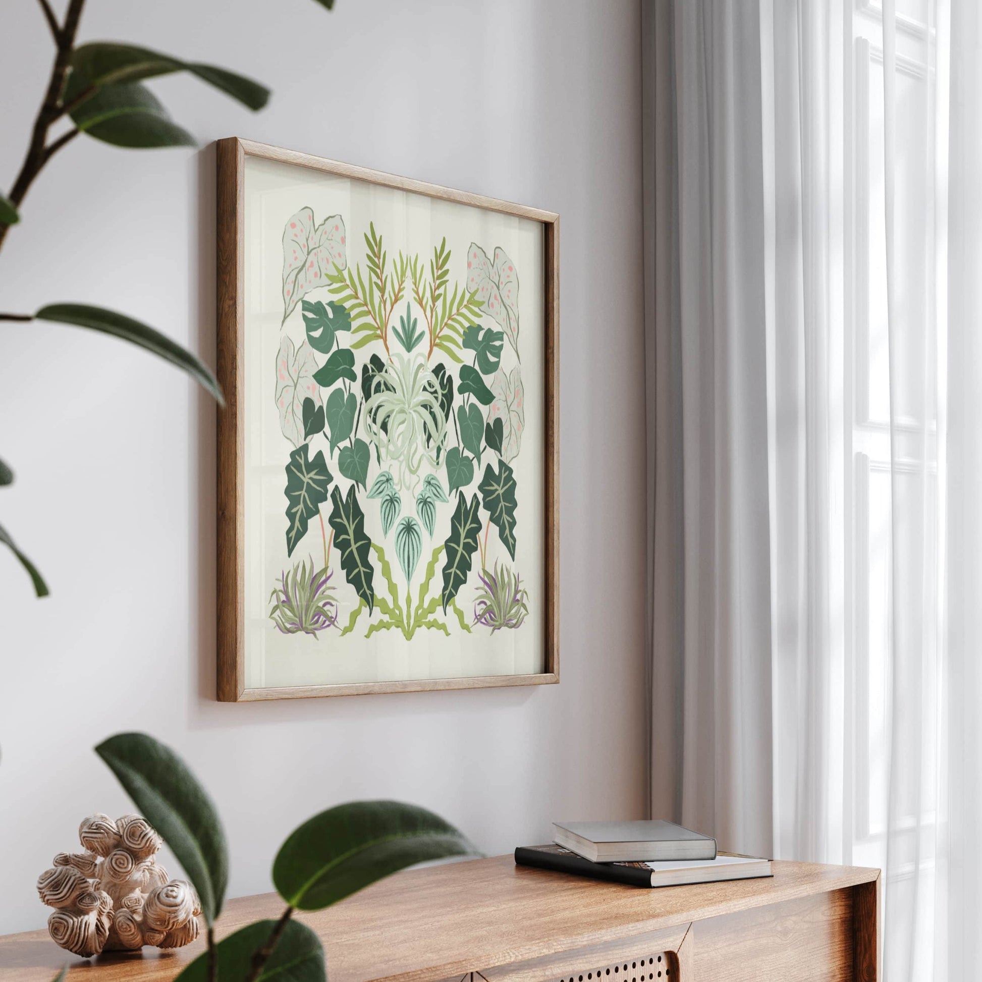 Symmetrical illustration featuring diverse foliage with rich textures and abundant greenery – lush botanical art print for nature-inspired modern home decor