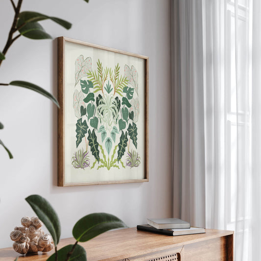 Symmetrical illustration featuring diverse foliage with rich textures and abundant greenery – lush botanical art print for nature-inspired modern home decor