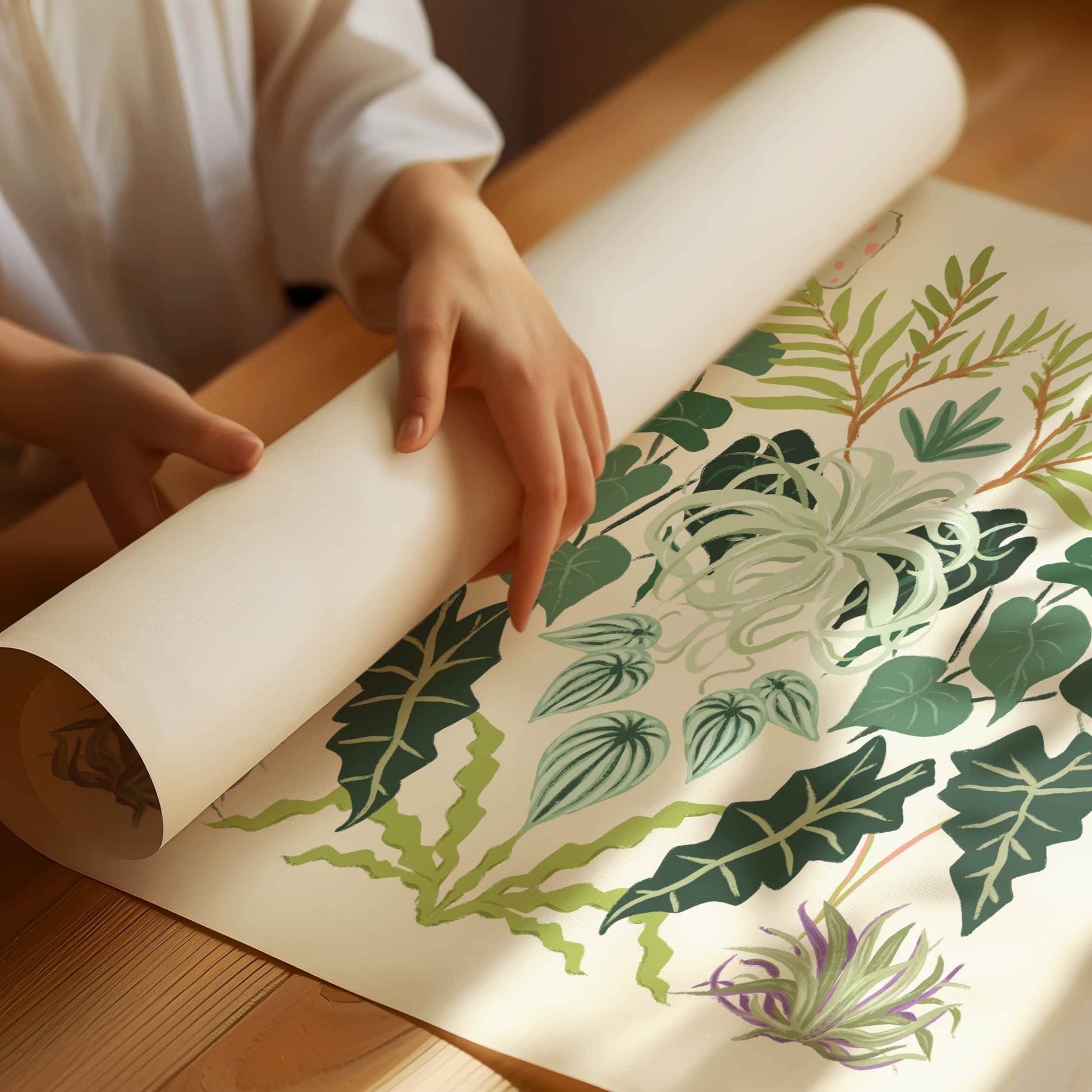 Symmetrical illustration featuring diverse foliage with rich textures and abundant greenery – lush botanical art print for nature-inspired modern home decor