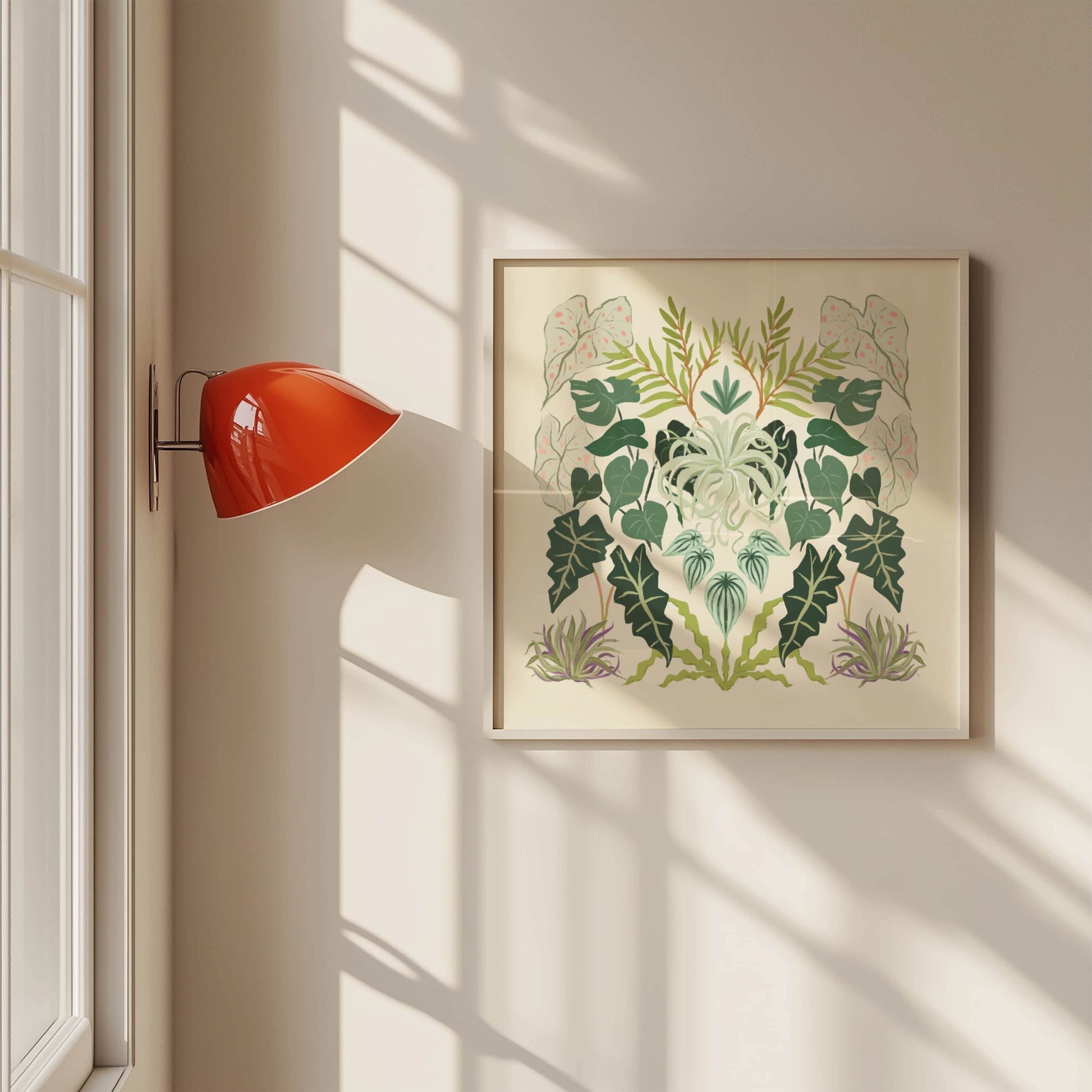 Symmetrical illustration featuring diverse foliage with rich textures and abundant greenery – lush botanical art print for nature-inspired modern home decor