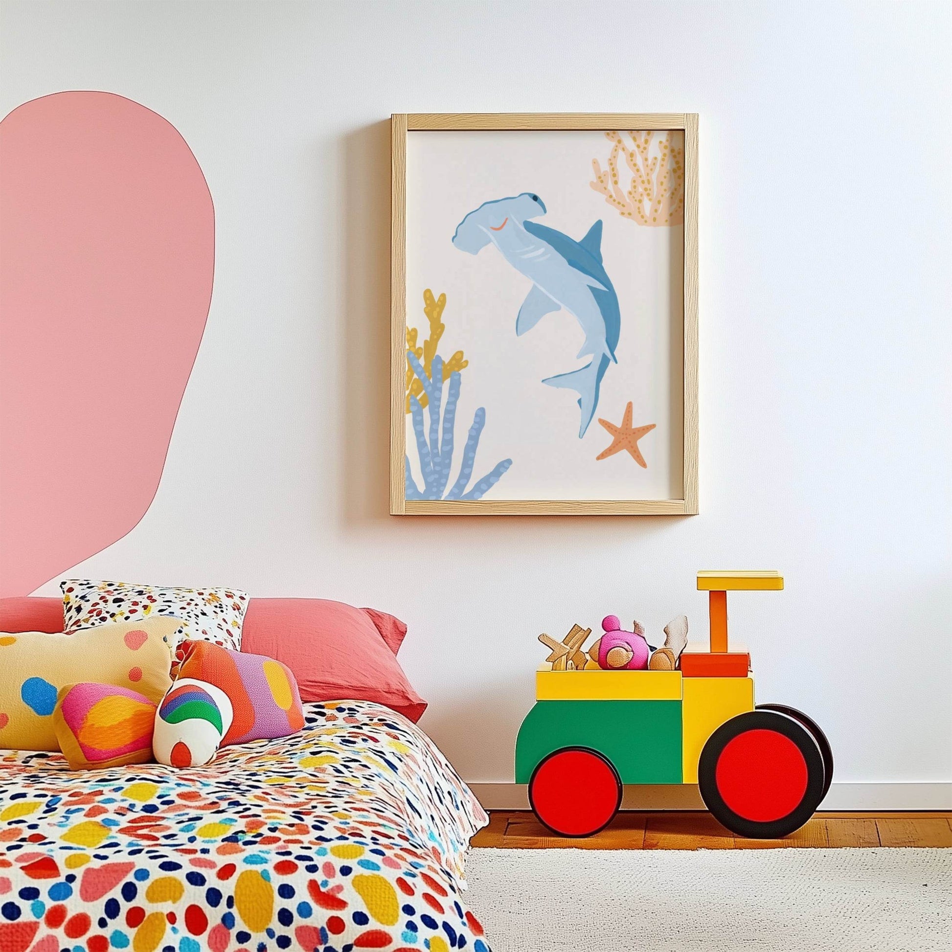 Cute ocean-themed art print for children featuring a playful hammerhead shark – great for creating a fun and cohesive under-the-sea theme with other sea animal prints
