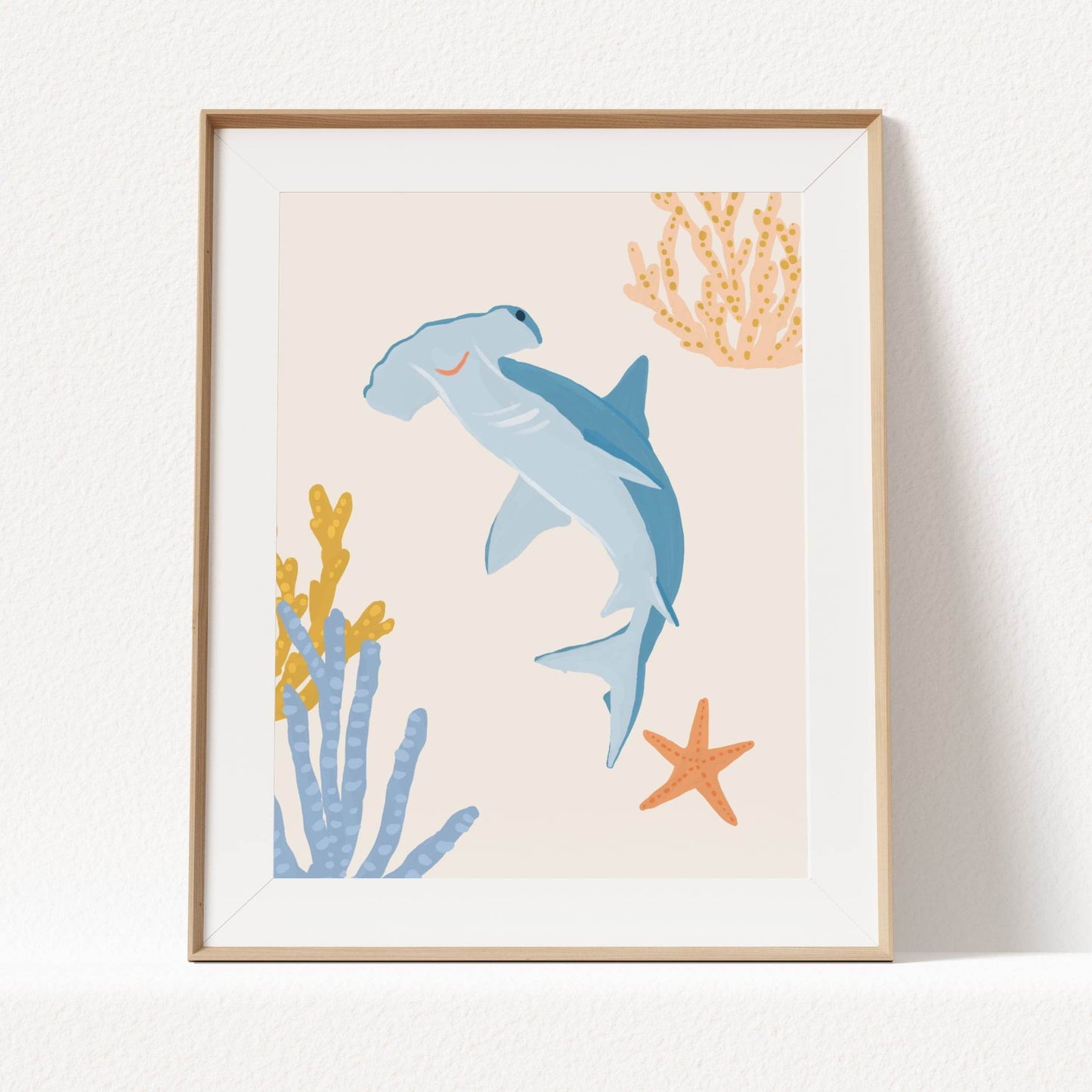 Art print for children featuring a playful hammerhead shark – great for creating a fun and cohesive under-the-sea theme with other sea animal prints