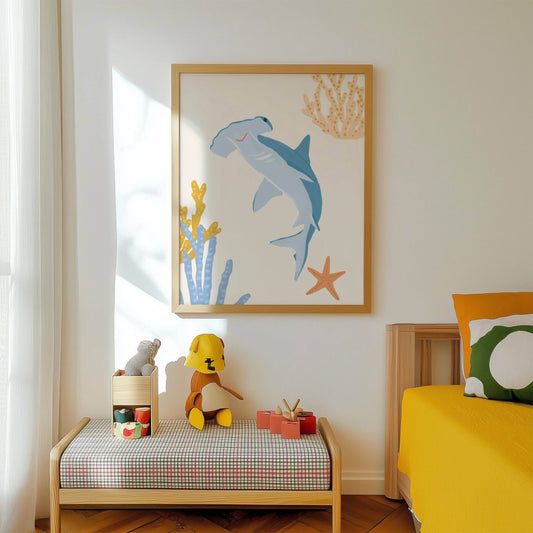 Art print for kids featuring a playful hammerhead shark – great for creating a fun and cohesive under-the-sea theme with other sea animal prints