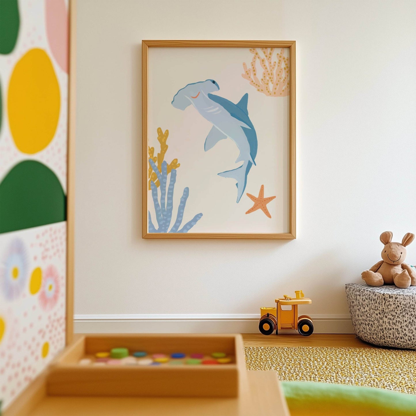 Cute ocean-themed art print for children featuring a playful hammerhead shark – great for creating a fun and cohesive under-the-sea theme with other sea animal prints