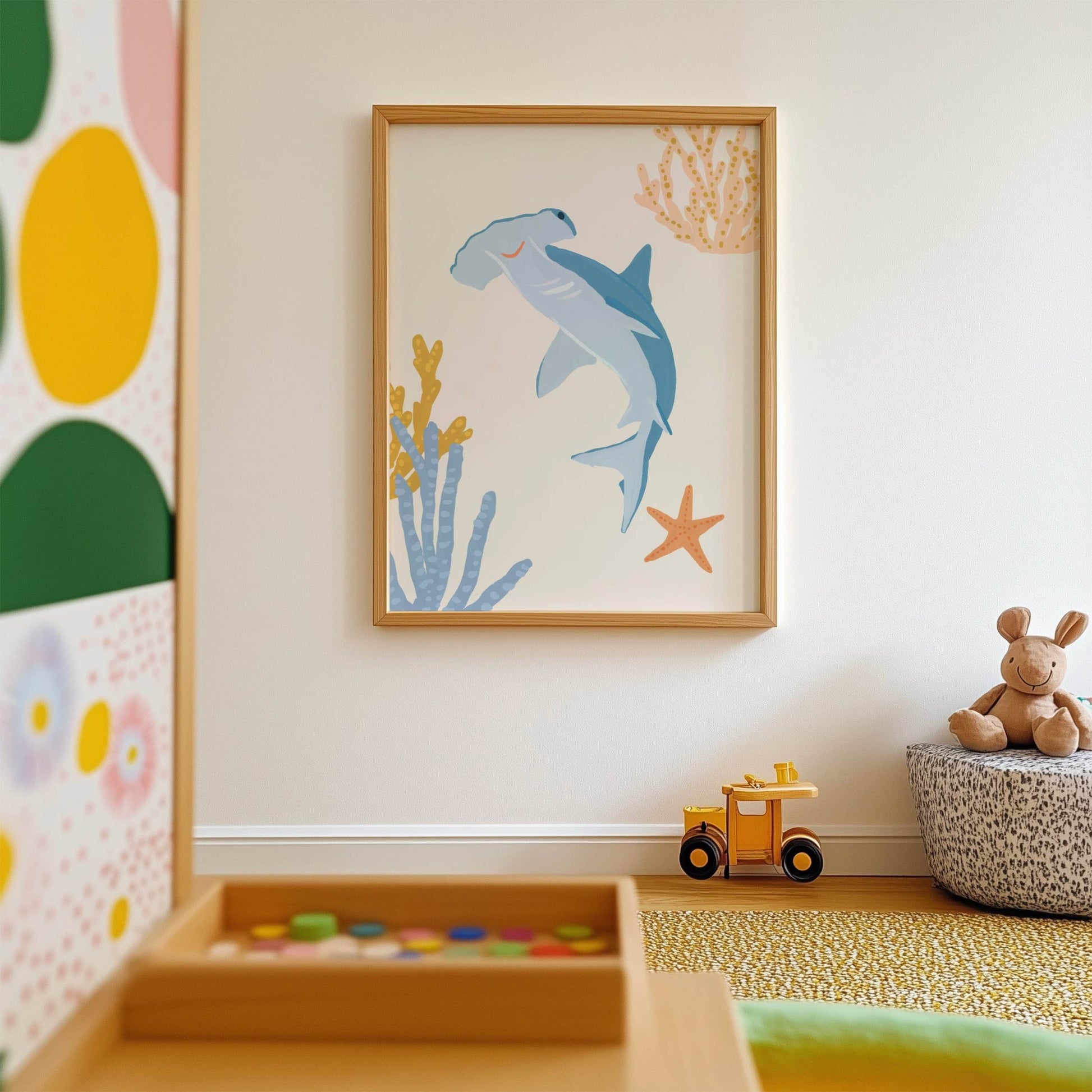 Cute ocean-themed art print for children featuring a playful hammerhead shark – great for creating a fun and cohesive under-the-sea theme with other sea animal prints