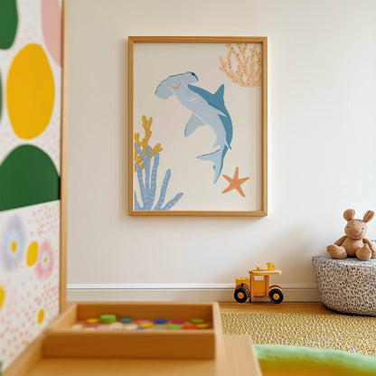 Cute ocean-themed art print for children featuring a playful hammerhead shark – great for creating a fun and cohesive under-the-sea theme with other sea animal prints