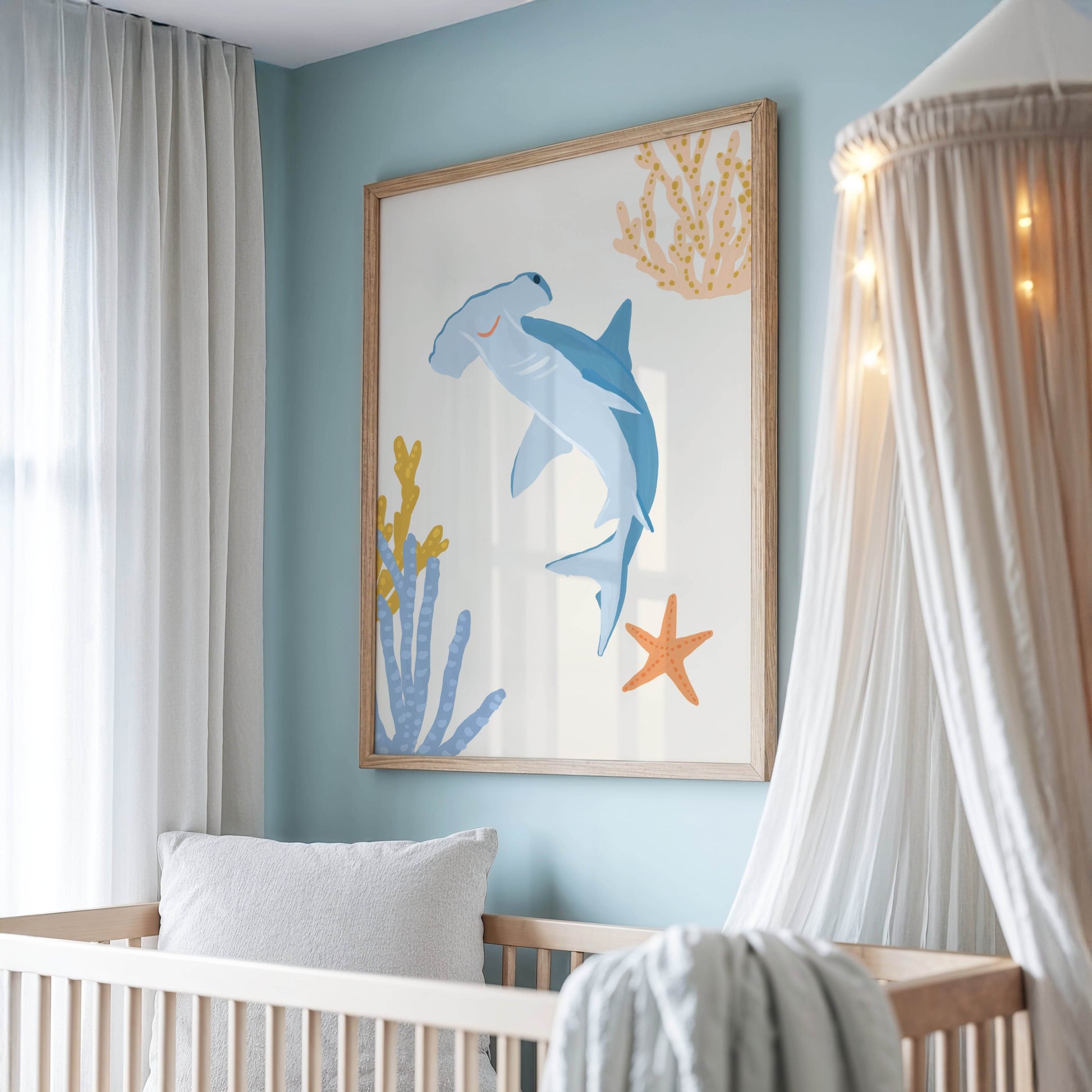 Cute ocean-themed art print for kids featuring a playful hammerhead shark – great for creating a fun and cohesive under-the-sea theme with other sea animal prints