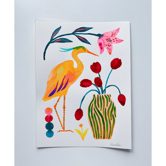 Original gouache and watercolor painting by Sun Lee from the 'Whispers of Spring' collection. This vibrant piece features a whimsical depiction of nature with bright flowers and heron capturing the energy and beauty of spring. 