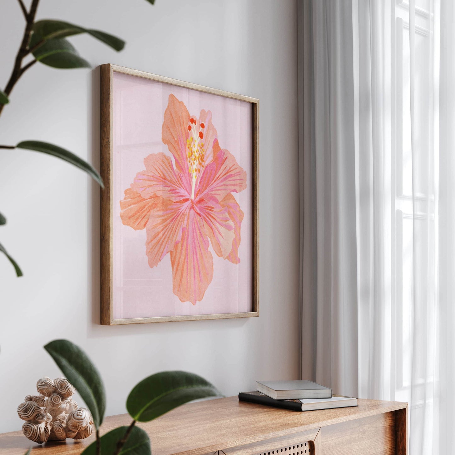 Vibrant illustration of a hibiscus flower inspired by a summer garden – delicate textures and natural elegance in floral art print for nature-inspired home decor