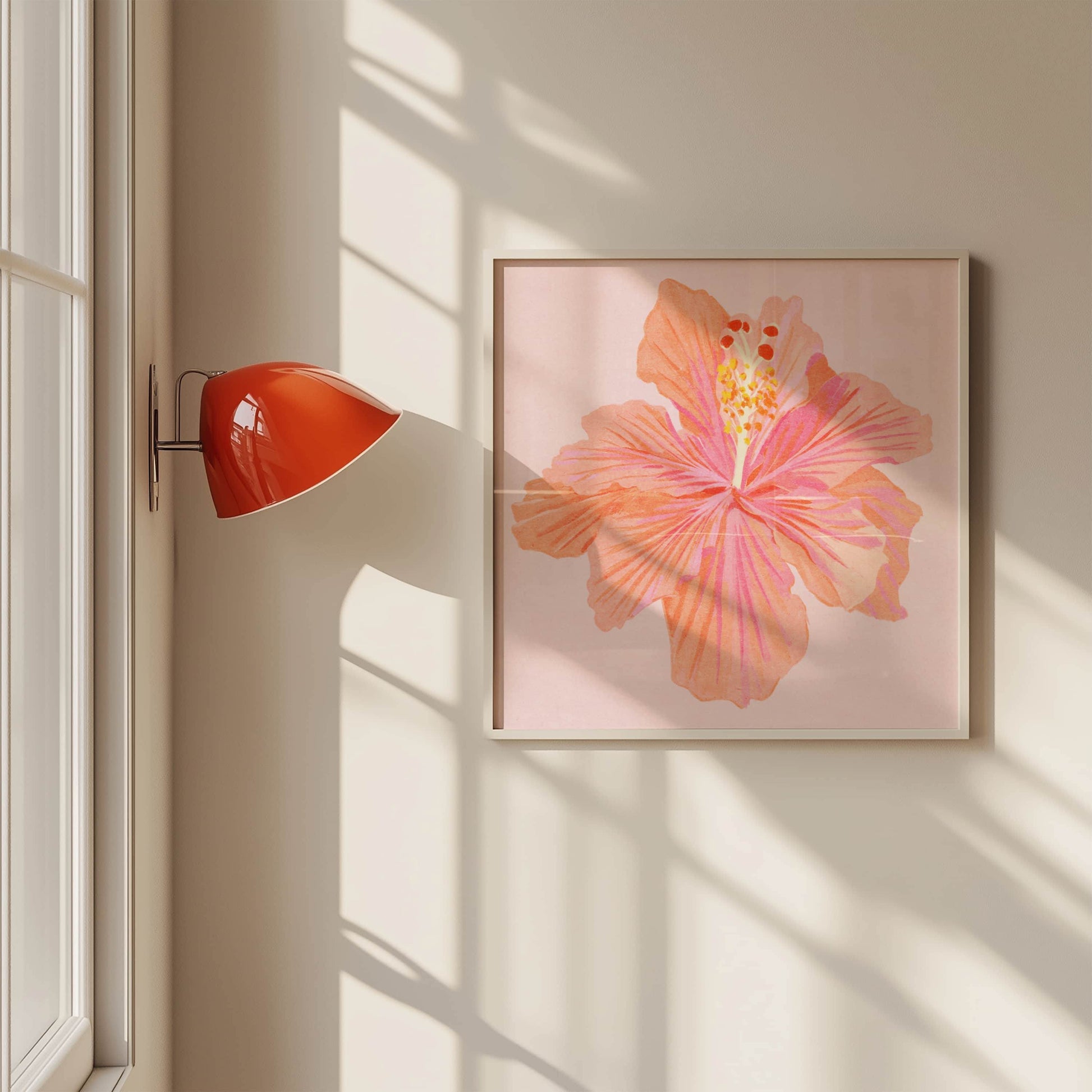 Vibrant illustration of a hibiscus flower inspired by a summer garden – delicate textures and natural elegance in floral art print for nature-inspired home decor