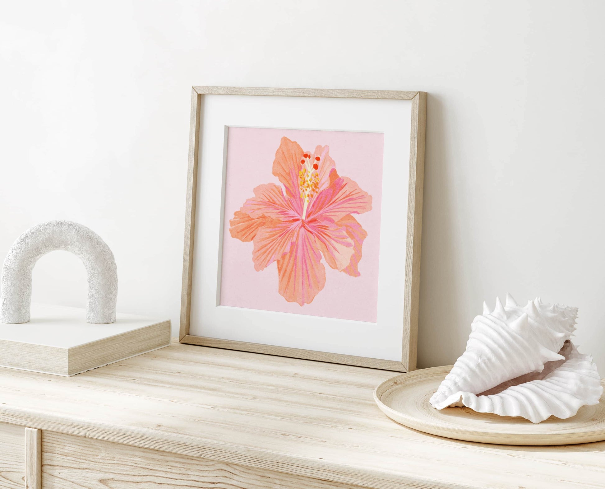 Vibrant illustration of a hibiscus flower inspired by a summer garden – delicate textures and natural elegance in floral art print for nature-inspired home decor
