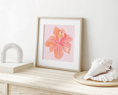 Vibrant illustration of a hibiscus flower inspired by a summer garden – delicate textures and natural elegance in floral art print for nature-inspired home decor