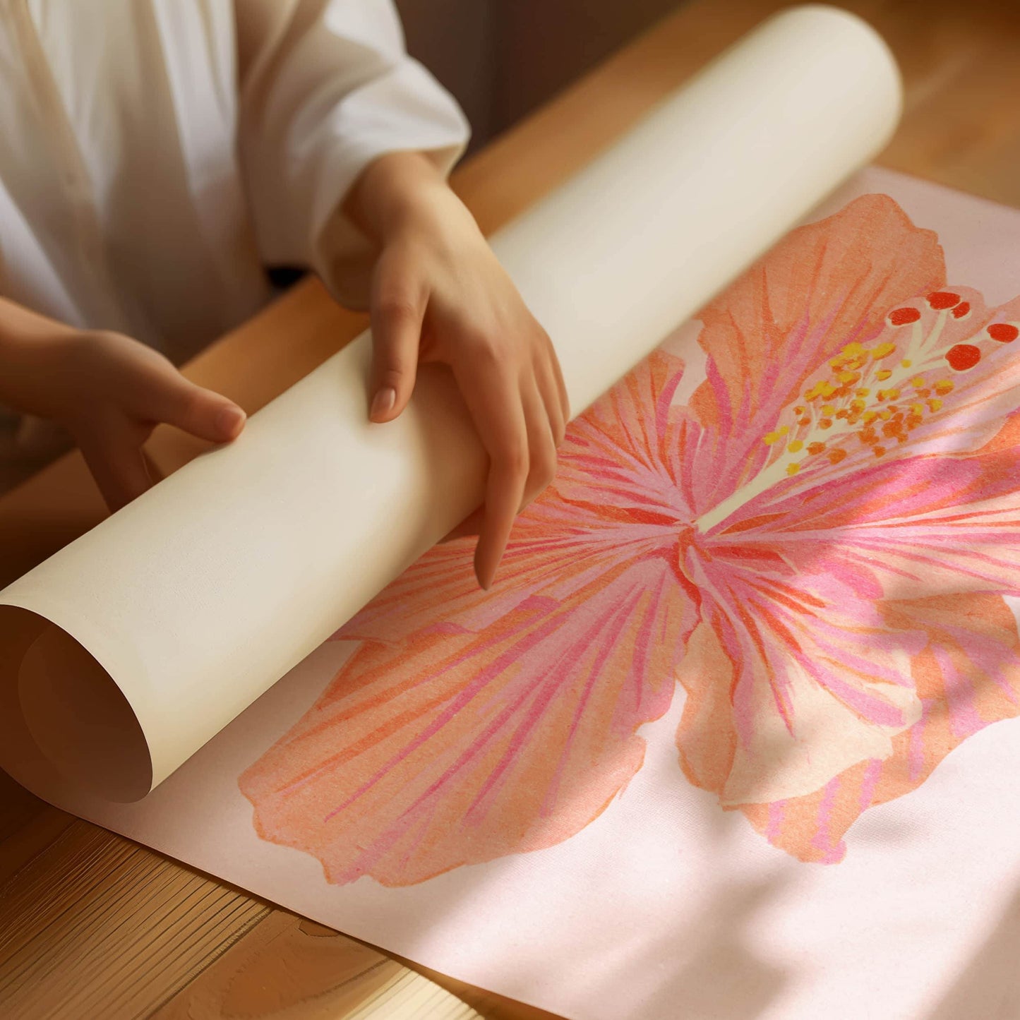 Vibrant illustration of a hibiscus flower inspired by a summer garden – delicate textures and natural elegance in floral art print for nature-inspired home decor