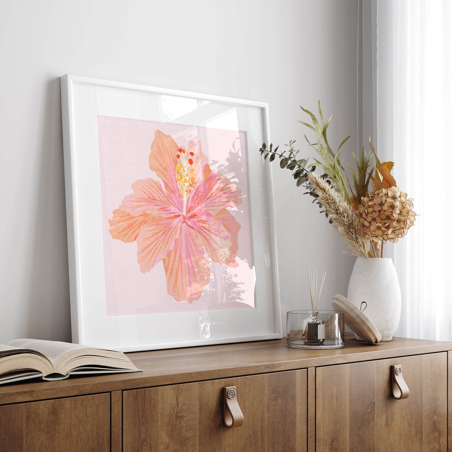 Vibrant illustration of a hibiscus flower inspired by a summer garden – delicate textures and natural elegance in floral art print for nature-inspired home decor