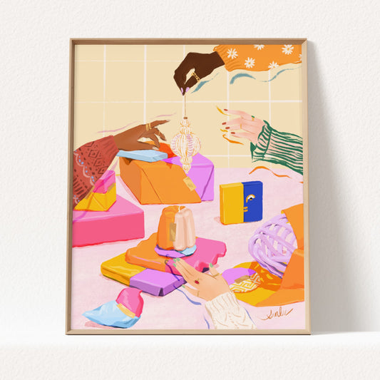 Illustration of multiple hands preparing for a holiday celebration, wrapping gifts and arranging ornaments in bright pink and orange festive colors.