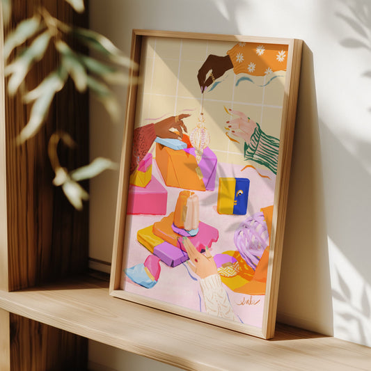 Illustration of multiple hands preparing for a holiday celebration, wrapping gifts and arranging ornaments in bright pink and orange festive colors.