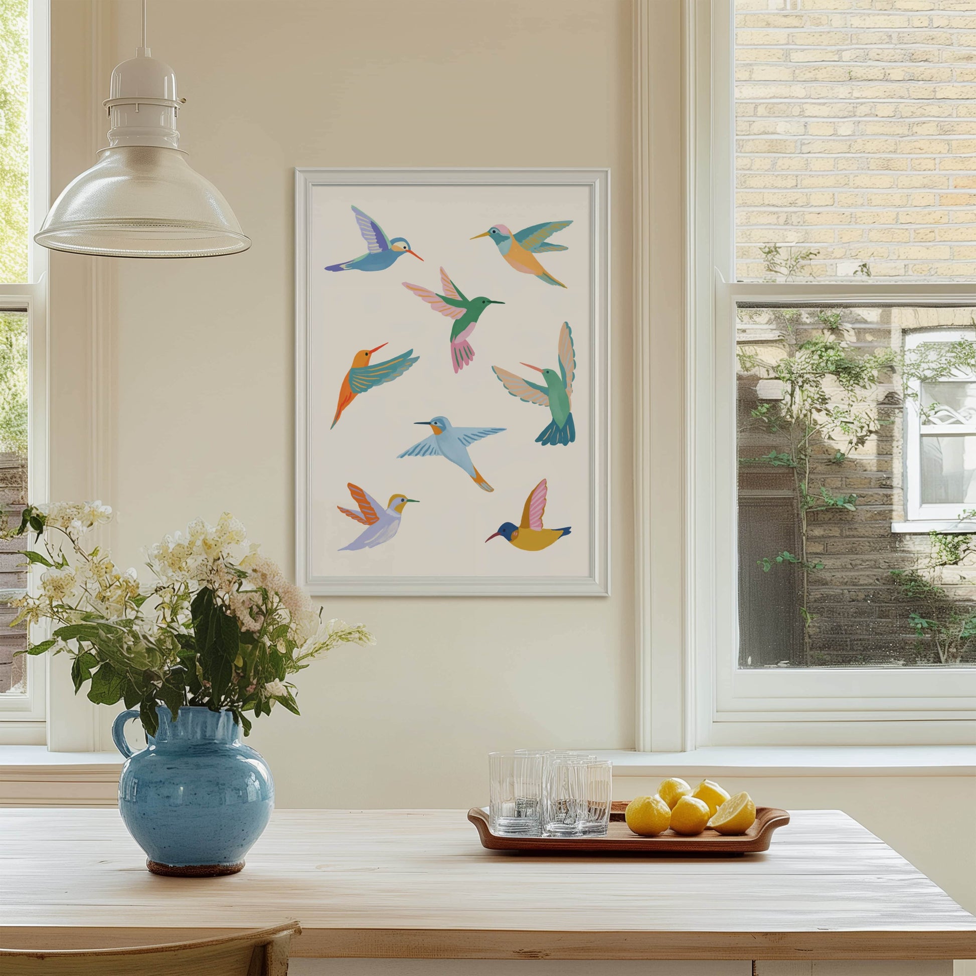 Colorful illustration of hummingbirds inspired by summer garden visitors – joyful and lively bird art print from Sun Lee’s original digital painting for nature-inspired home decor