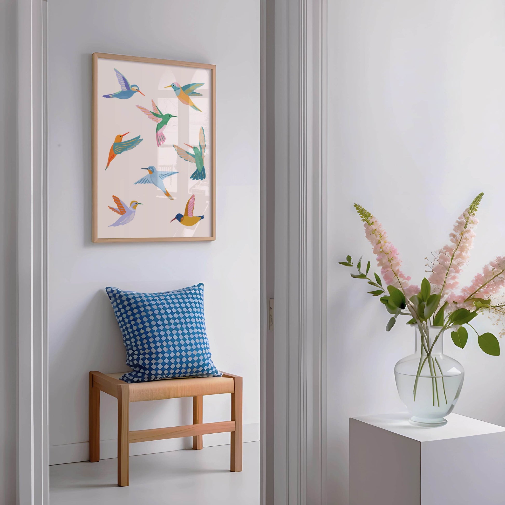 Colorful illustration of hummingbirds inspired by summer garden visitors – joyful and lively bird art print from Sun Lee’s original digital painting for nature-inspired home decor