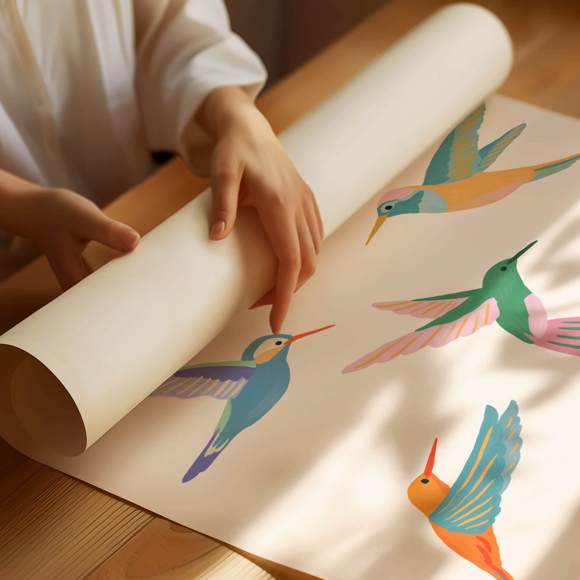 Colorful illustration of hummingbirds inspired by summer garden visitors – joyful and lively bird art print from Sun Lee’s original digital painting for nature-inspired home decor