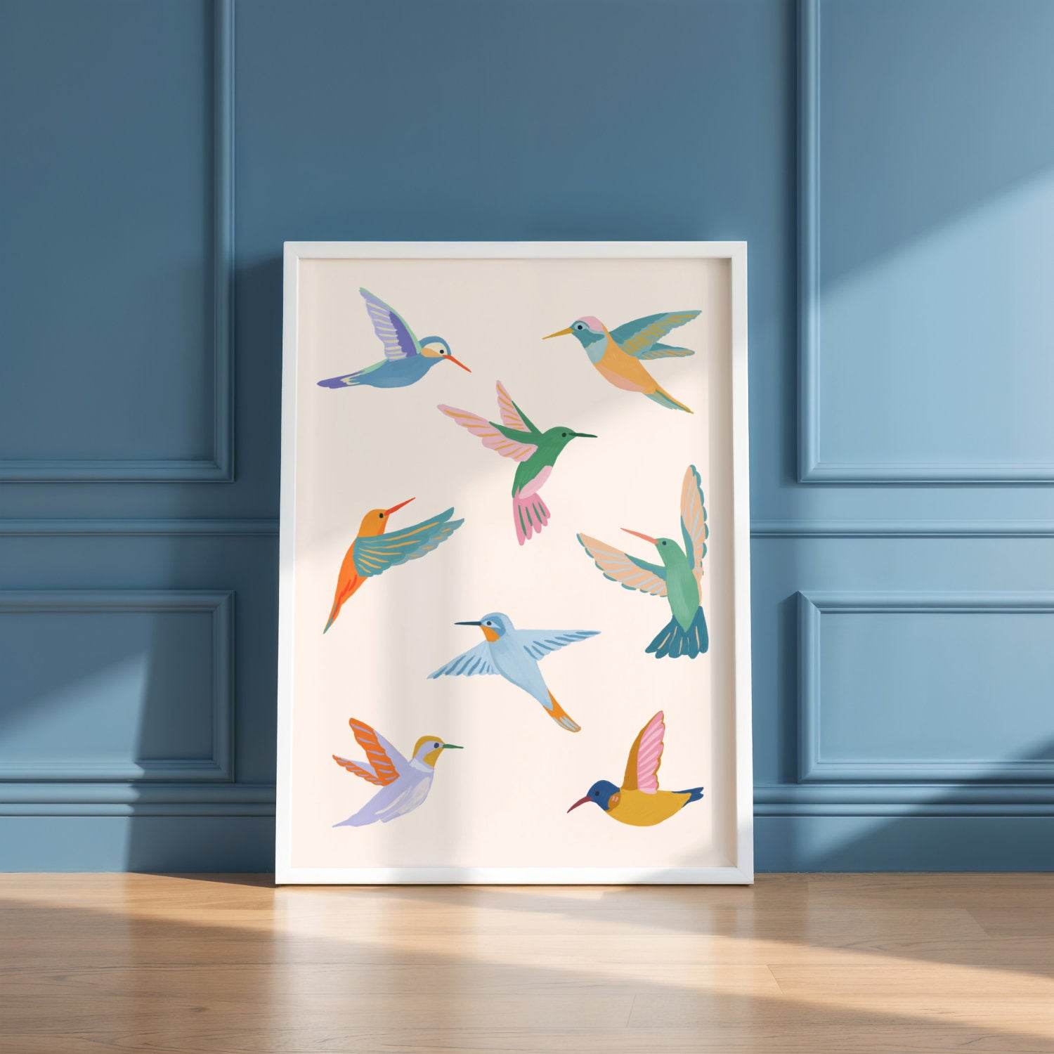 Colorful illustration of hummingbirds inspired by summer garden visitors – joyful and lively bird art print from Sun Lee’s original digital painting for nature-inspired home decor