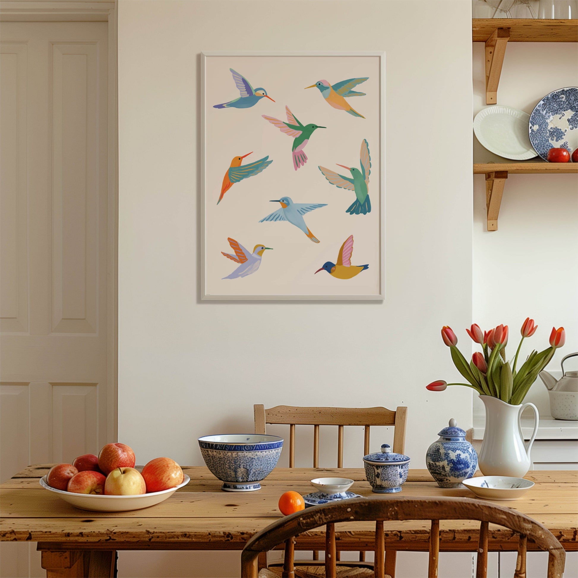 Colorful illustration of hummingbirds inspired by summer garden visitors – joyful and lively bird art print from Sun Lee’s original digital painting for nature-inspired home decor