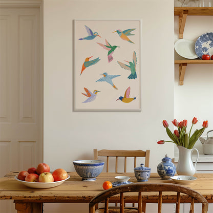 Colorful illustration of hummingbirds inspired by summer garden visitors – joyful and lively bird art print from Sun Lee’s original digital painting for nature-inspired home decor