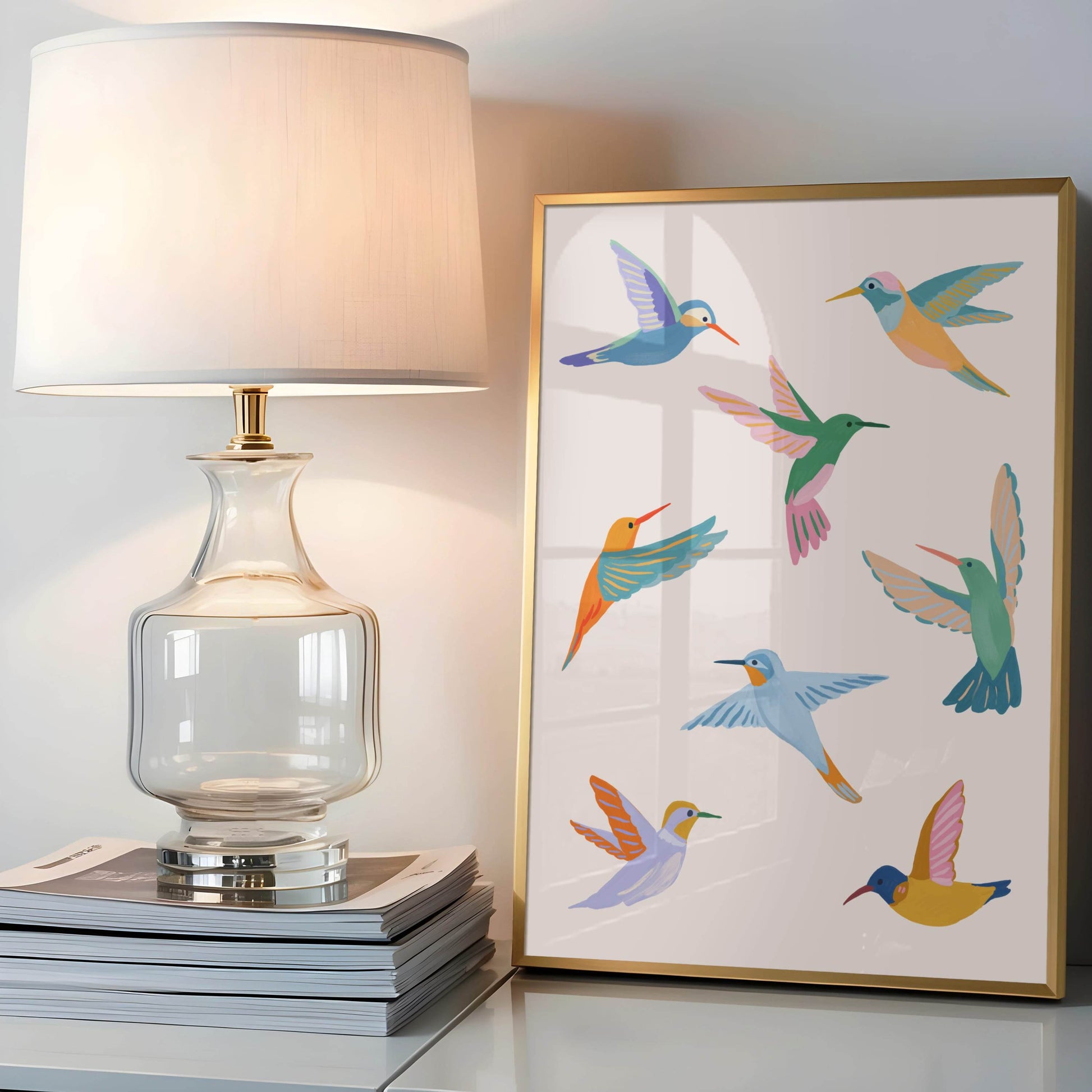 Colorful illustration of hummingbirds inspired by summer garden visitors – joyful and lively bird art print from Sun Lee’s original digital painting for nature-inspired home decor