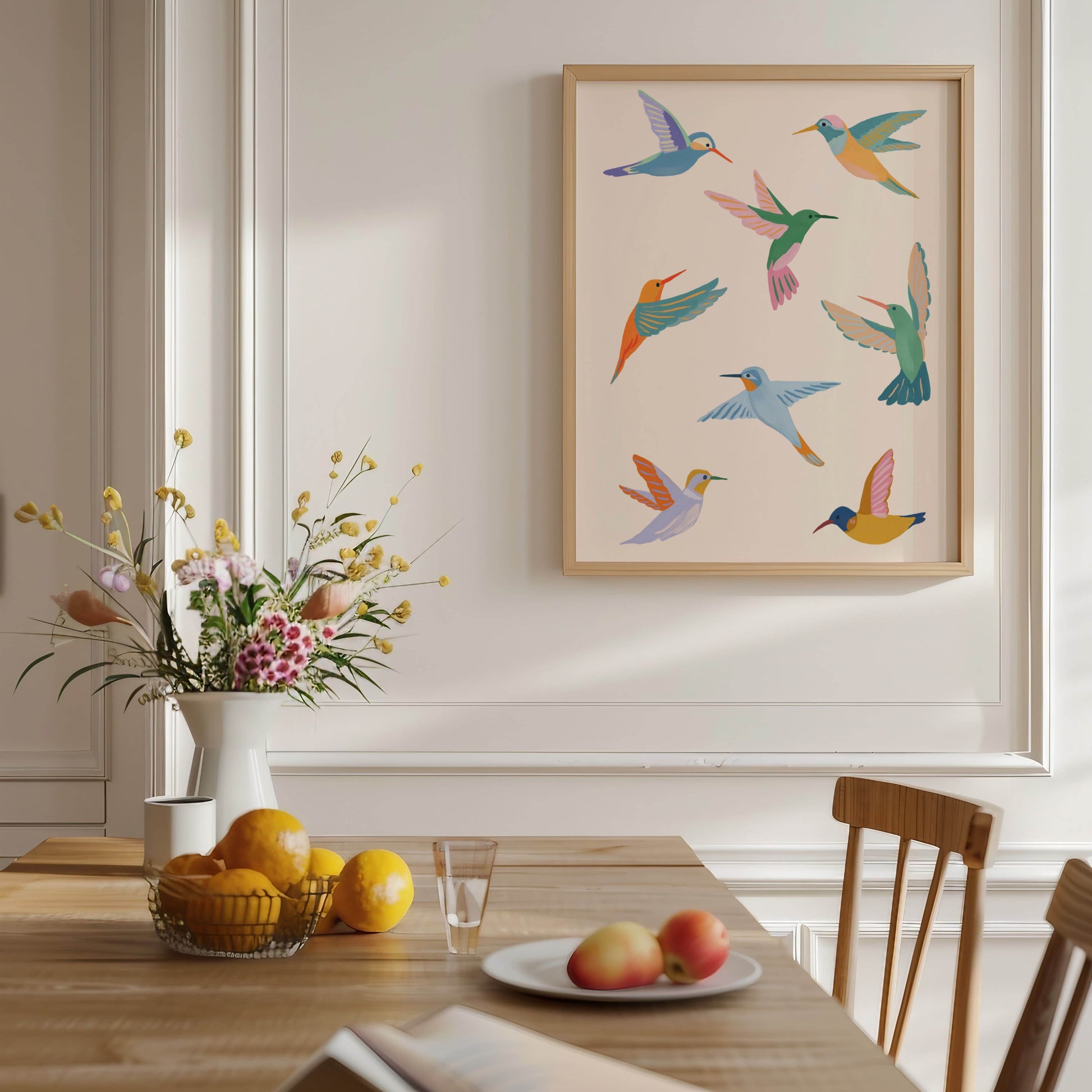 Colorful illustration of hummingbirds inspired by summer garden visitors – joyful and lively bird art print from Sun Lee’s original digital painting for nature-inspired home decor