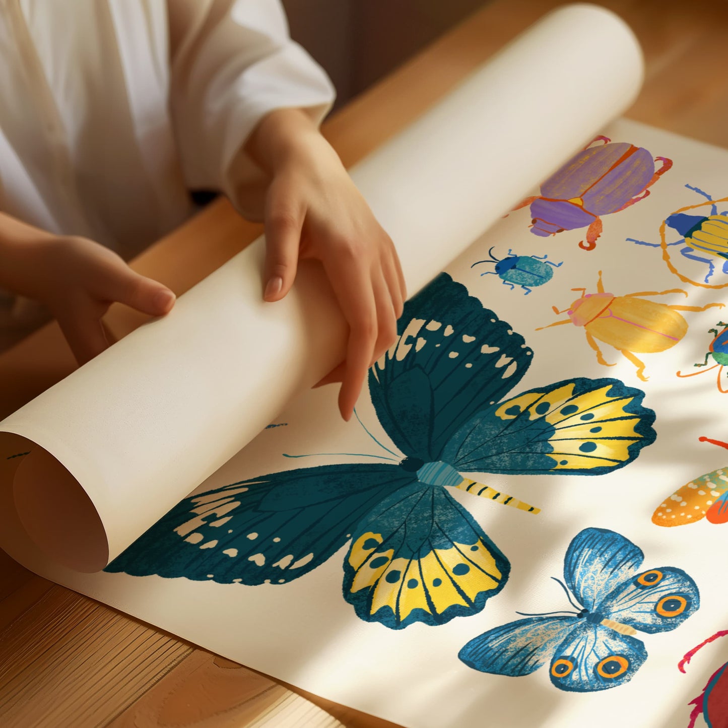 Person unrolling art print with colorful butterfly illustrations on a wooden surface