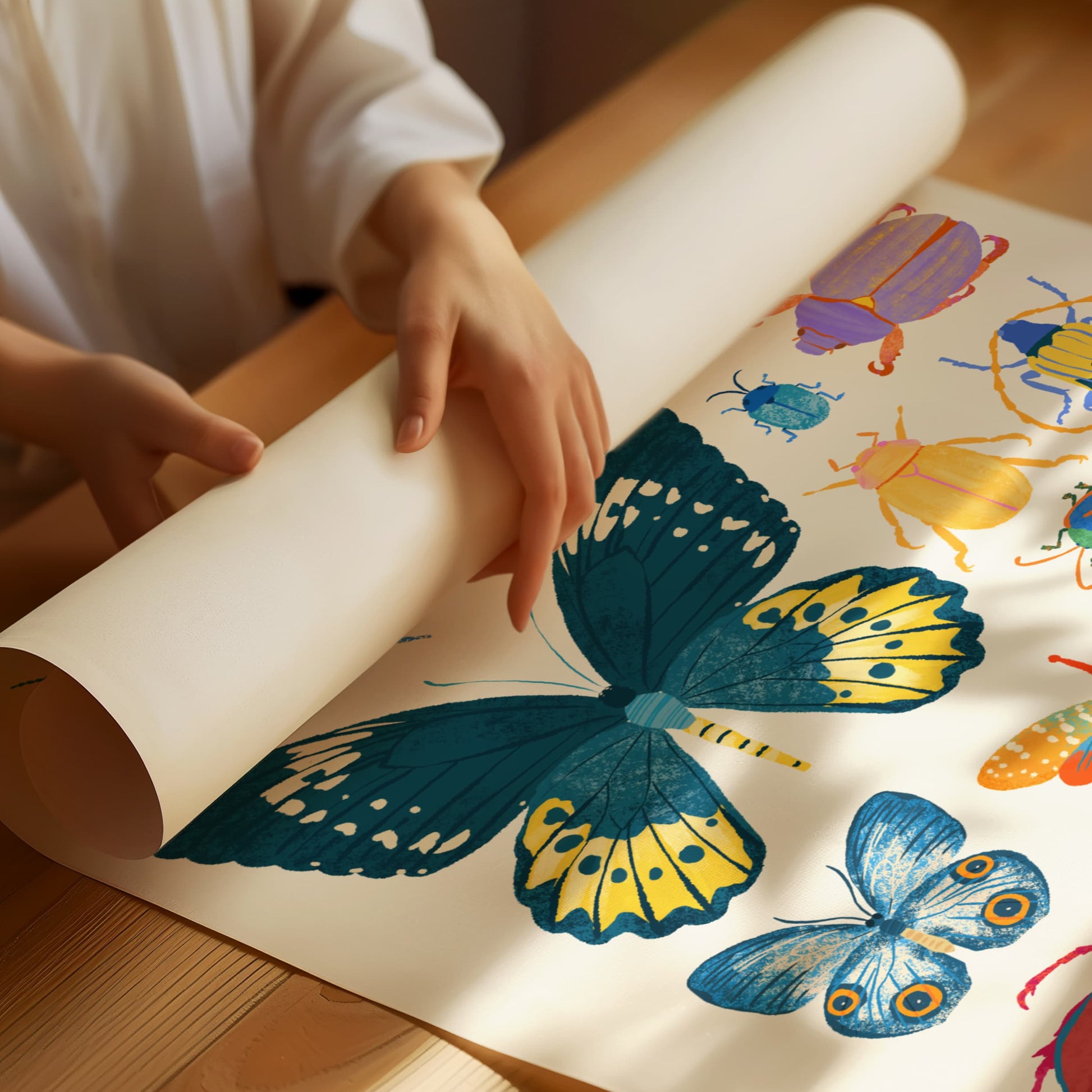Person unrolling art print with colorful butterfly illustrations on a wooden surface