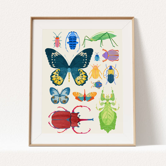 Framed artwork of colorful insects on a white background