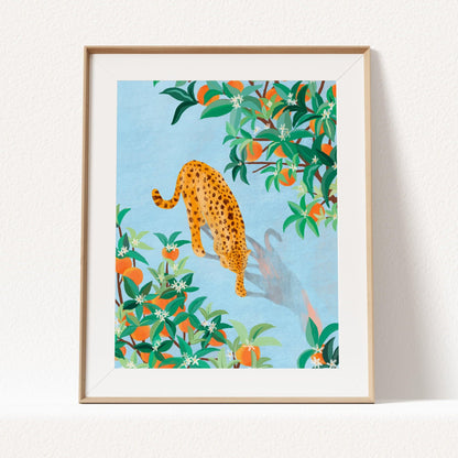 Wall art of a cheetah strolling gracefully through a grove of orange trees, with rich textures and vibrant oranges – nature-inspired animal art print for modern home decor