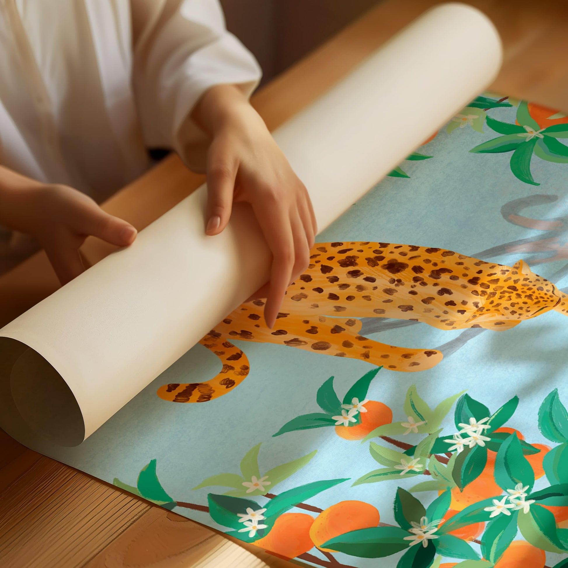 Illustration of a cheetah strolling gracefully through a grove of orange trees, with rich textures and vibrant oranges – nature-inspired animal art print for modern home decor